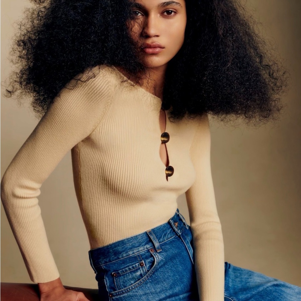 🌟 New Sezane Megane ribbed wool sweater - beige with Button Accents S